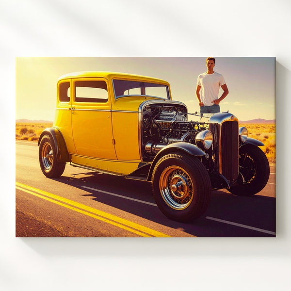Bright Yellow Vintage Hot Rod Canvas – Classic Americana Custom Car Art - Gifitto