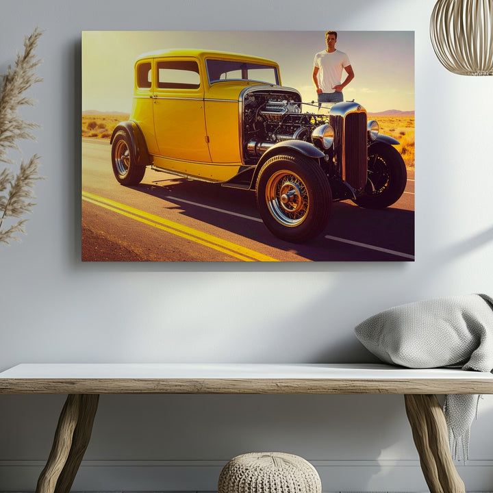 Bright Yellow Vintage Hot Rod Canvas – Classic Americana Custom Car Art - Gifitto
