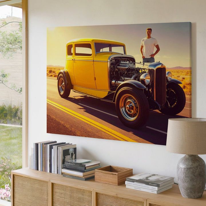 Bright Yellow Vintage Hot Rod Canvas – Classic Americana Custom Car Art - Gifitto