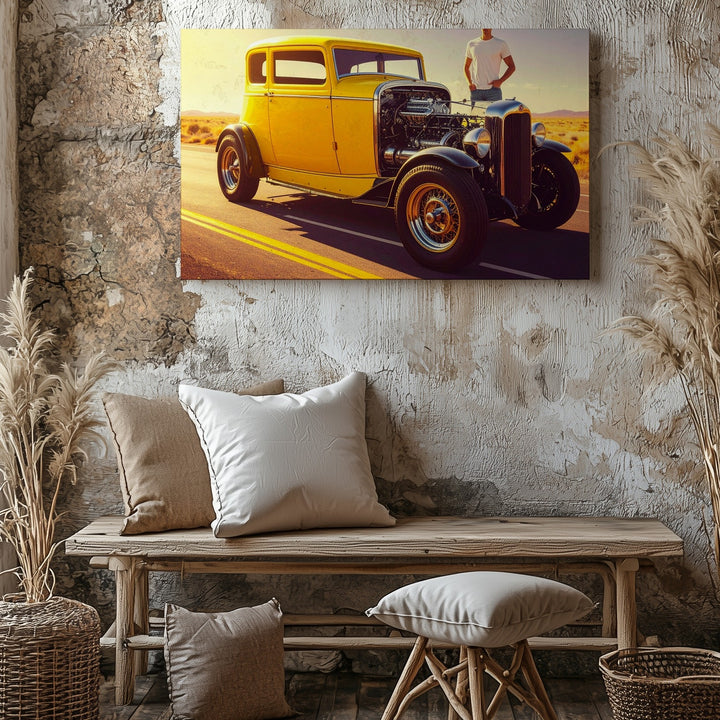 Bright Yellow Vintage Hot Rod Canvas – Classic Americana Custom Car Art - Gifitto