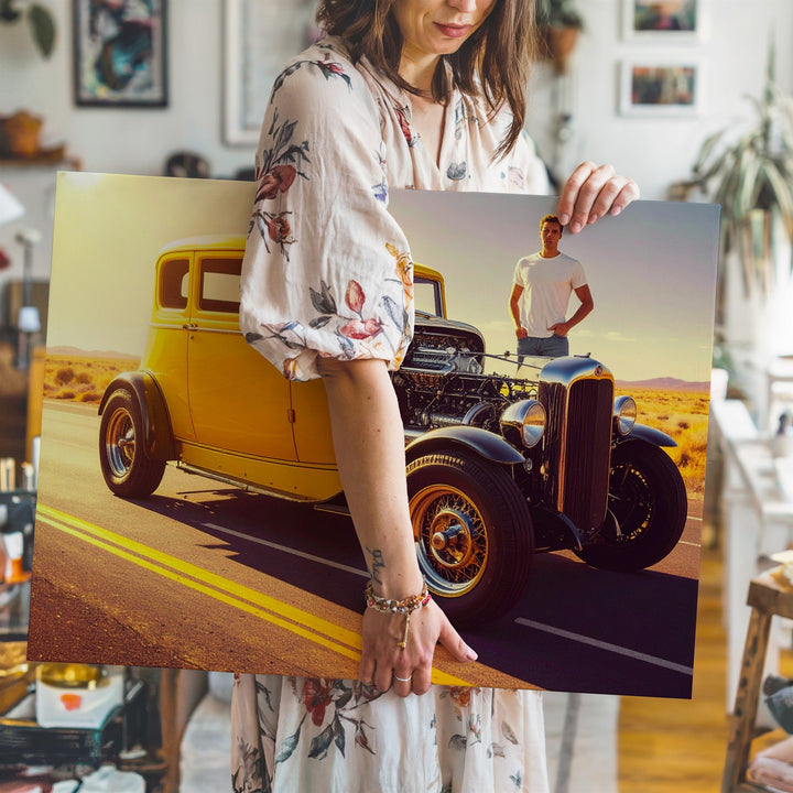 Bright Yellow Vintage Hot Rod Canvas – Classic Americana Custom Car Art - Gifitto