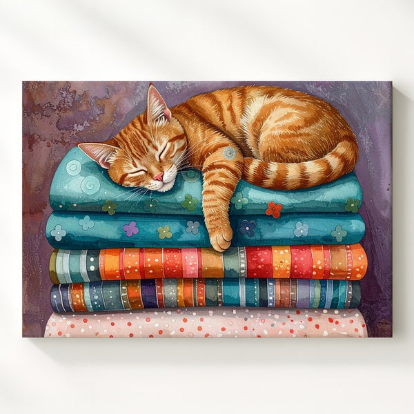Cozy Tabby Cat on Blankets Canvas – Restful Feline Art - Gifitto
