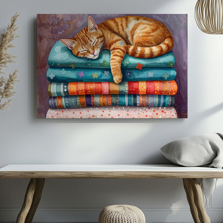 Cozy Tabby Cat on Blankets Canvas – Restful Feline Art - Gifitto