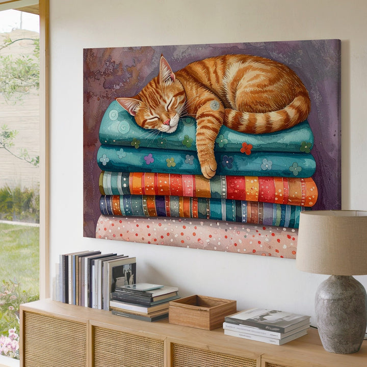 Cozy Tabby Cat on Blankets Canvas – Restful Feline Art - Gifitto