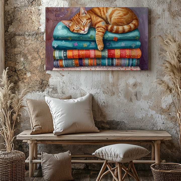 Cozy Tabby Cat on Blankets Canvas – Restful Feline Art - Gifitto