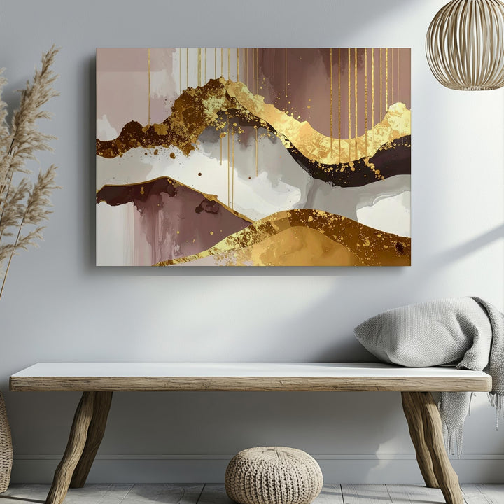 Golden Flow Canvas – Luxurious Abstract Art with Gold Leaf Texture and Mauve Tones - Gifitto