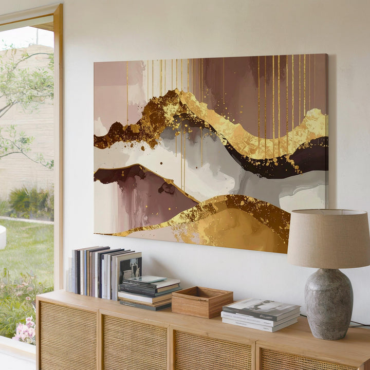 Golden Flow Canvas – Luxurious Abstract Art with Gold Leaf Texture and Mauve Tones - Gifitto