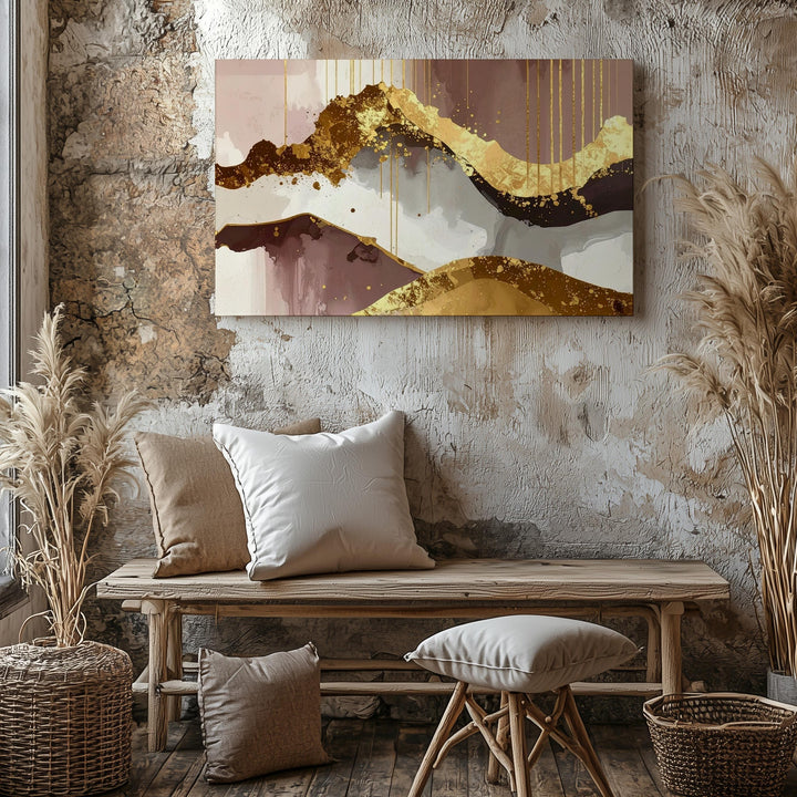 Golden Flow Canvas – Luxurious Abstract Art with Gold Leaf Texture and Mauve Tones - Gifitto