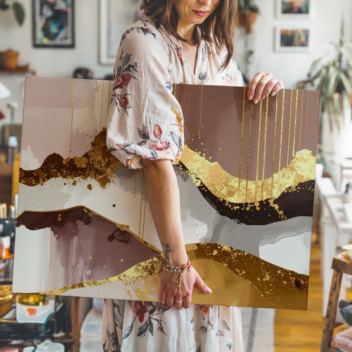 Golden Flow Canvas – Luxurious Abstract Art with Gold Leaf Texture and Mauve Tones - Gifitto