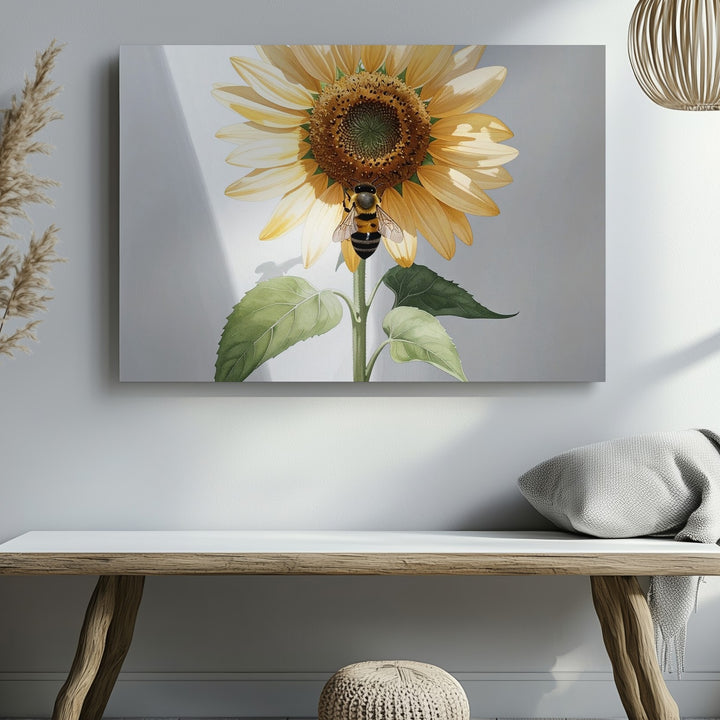 Minimalist Sunflower & Bee Canvas – Simple Botanical Wall Art - Gifitto