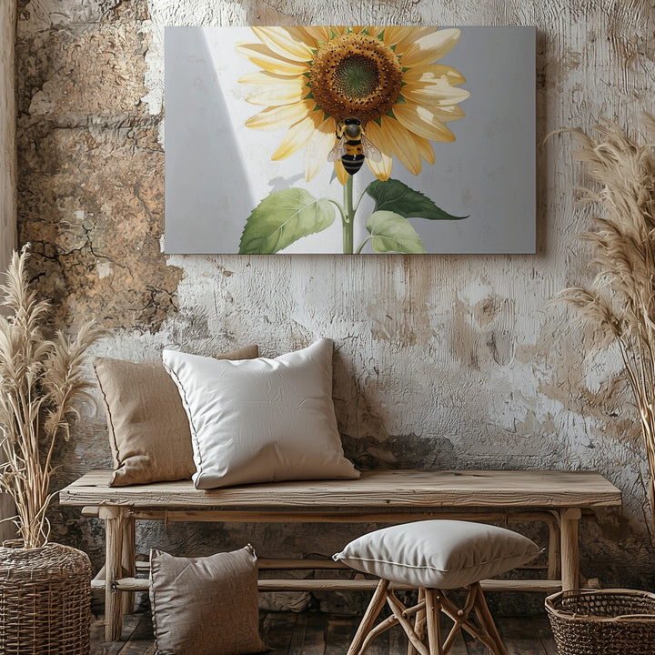 Minimalist Sunflower & Bee Canvas – Simple Botanical Wall Art - Gifitto
