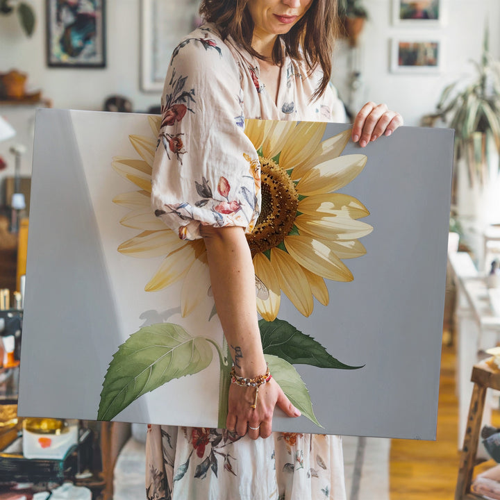 Minimalist Sunflower & Bee Canvas – Simple Botanical Wall Art - Gifitto