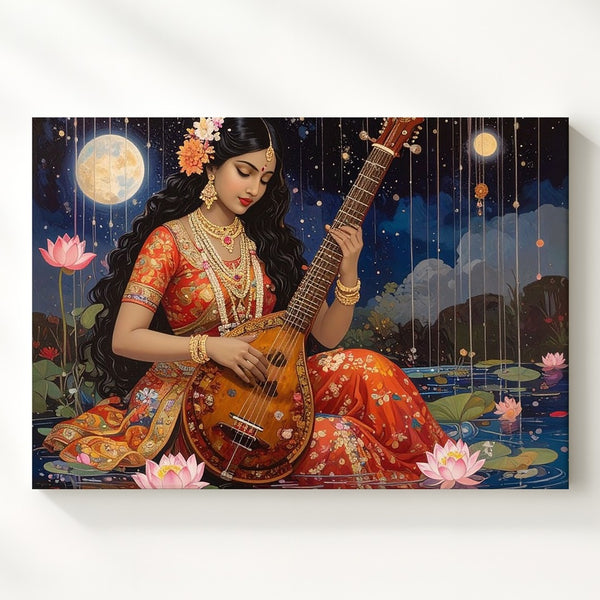 Celestial Sitarist Canvas – Traditional Indian Music & Spiritual Night Wall Art - Gifitto