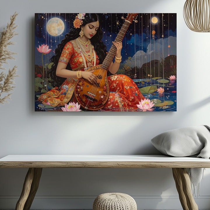 Celestial Sitarist Canvas – Traditional Indian Music & Spiritual Night Wall Art - Gifitto