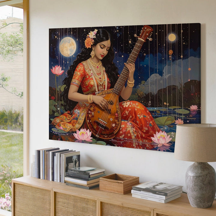 Celestial Sitarist Canvas – Traditional Indian Music & Spiritual Night Wall Art - Gifitto
