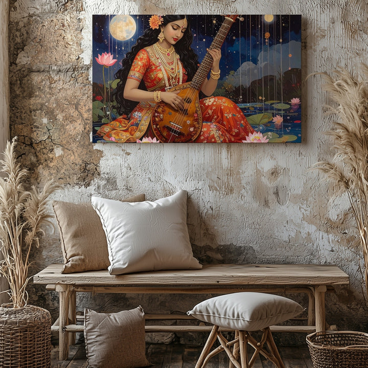 Celestial Sitarist Canvas – Traditional Indian Music & Spiritual Night Wall Art - Gifitto