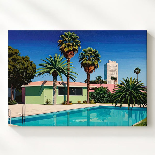Twilight Suburban Pool Canvas – Retro 80s Minimalist House Scene - Gifitto