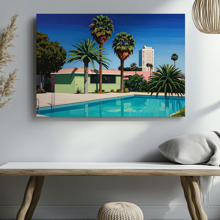 Twilight Suburban Pool Canvas – Retro 80s Minimalist House Scene - Gifitto