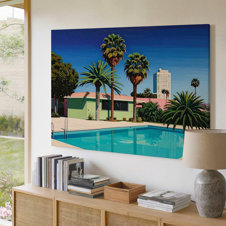 Twilight Suburban Pool Canvas – Retro 80s Minimalist House Scene - Gifitto