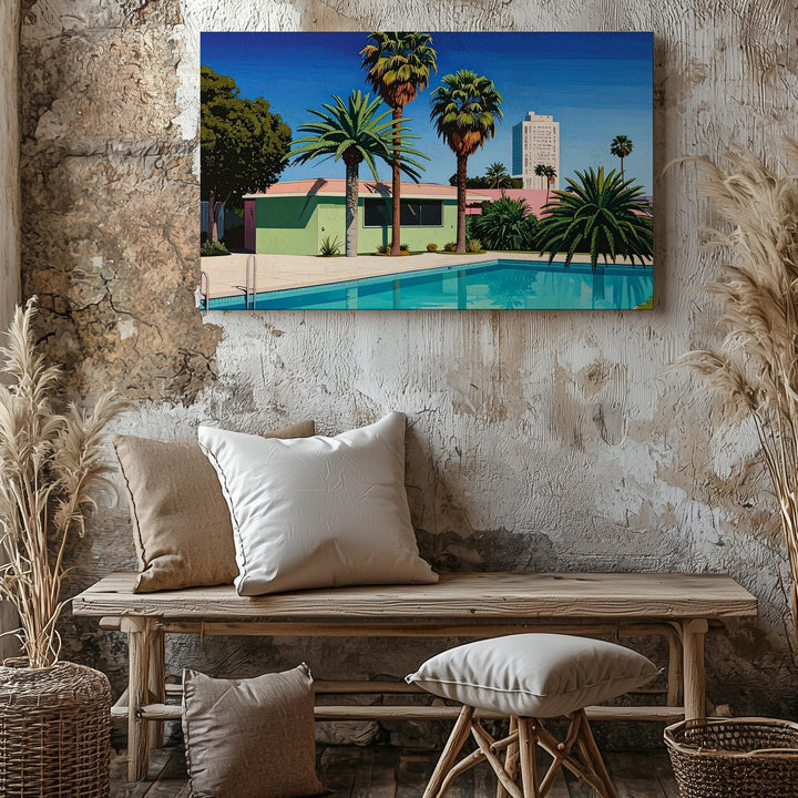 Twilight Suburban Pool Canvas – Retro 80s Minimalist House Scene - Gifitto