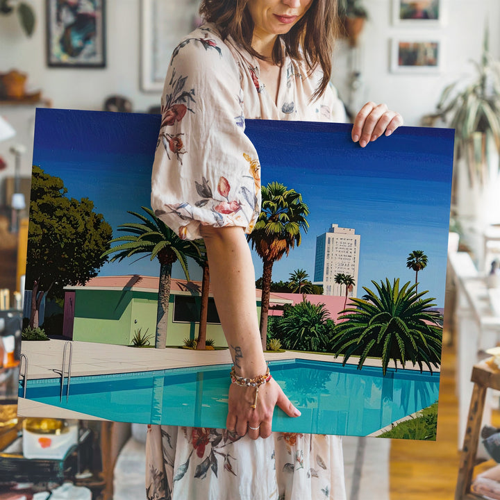 Twilight Suburban Pool Canvas – Retro 80s Minimalist House Scene - Gifitto
