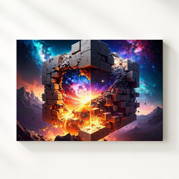 Cosmic Core Cube Canvas – Surreal Sci-Fi Stone Structure with Galactic Fire - Gifitto