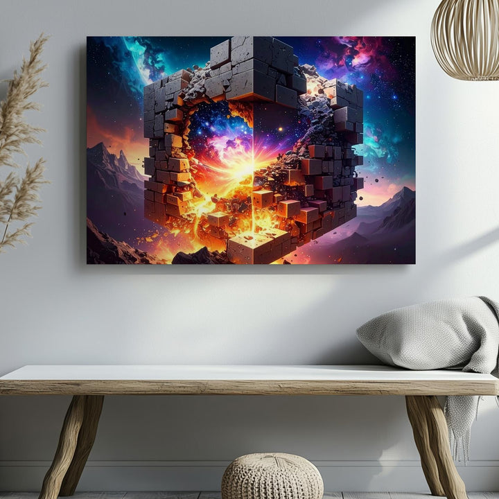Cosmic Core Cube Canvas – Surreal Sci-Fi Stone Structure with Galactic Fire - Gifitto