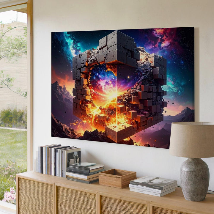 Cosmic Core Cube Canvas – Surreal Sci-Fi Stone Structure with Galactic Fire - Gifitto