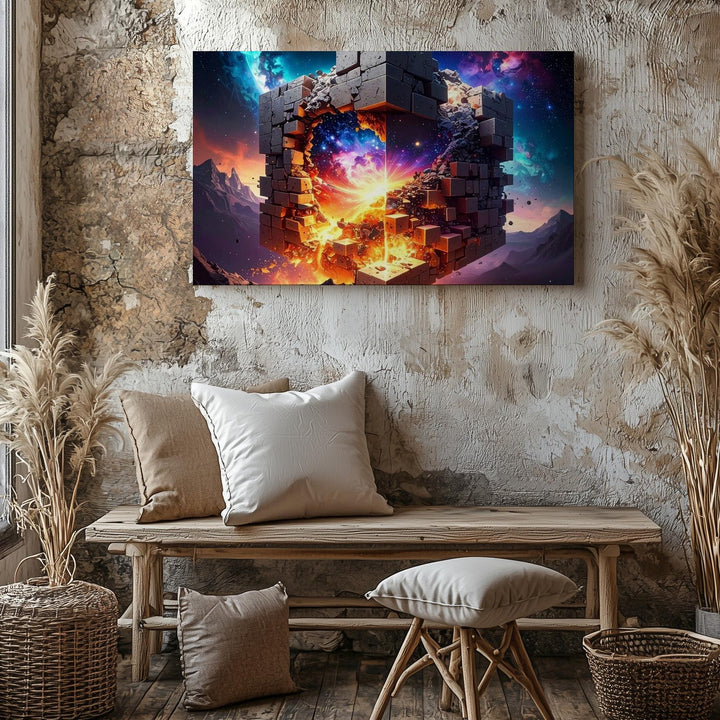 Cosmic Core Cube Canvas – Surreal Sci-Fi Stone Structure with Galactic Fire - Gifitto