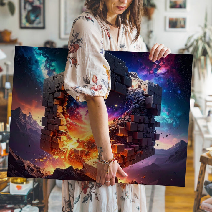 Cosmic Core Cube Canvas – Surreal Sci-Fi Stone Structure with Galactic Fire - Gifitto