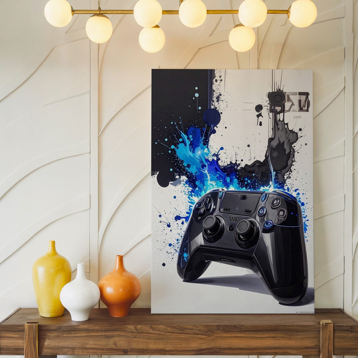 Electric Blue PlayStation Canvas – Watercolor Splash Gaming Art - Gifitto