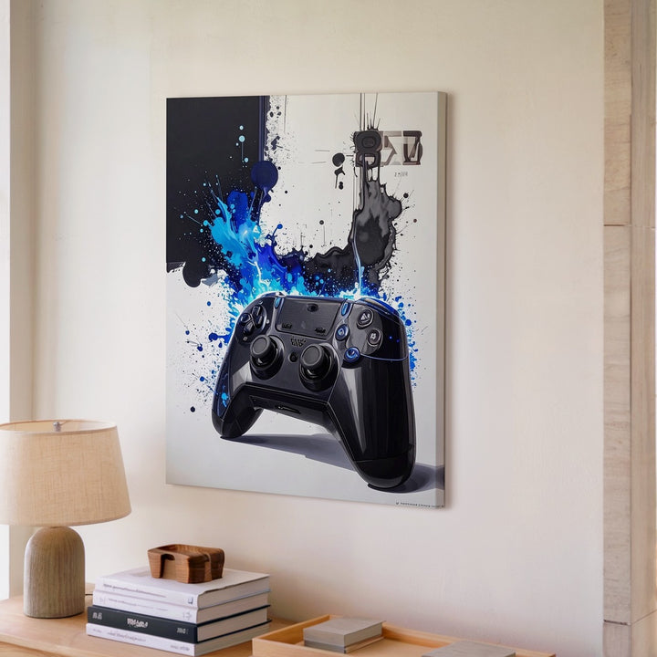 Electric Blue PlayStation Canvas – Watercolor Splash Gaming Art - Gifitto