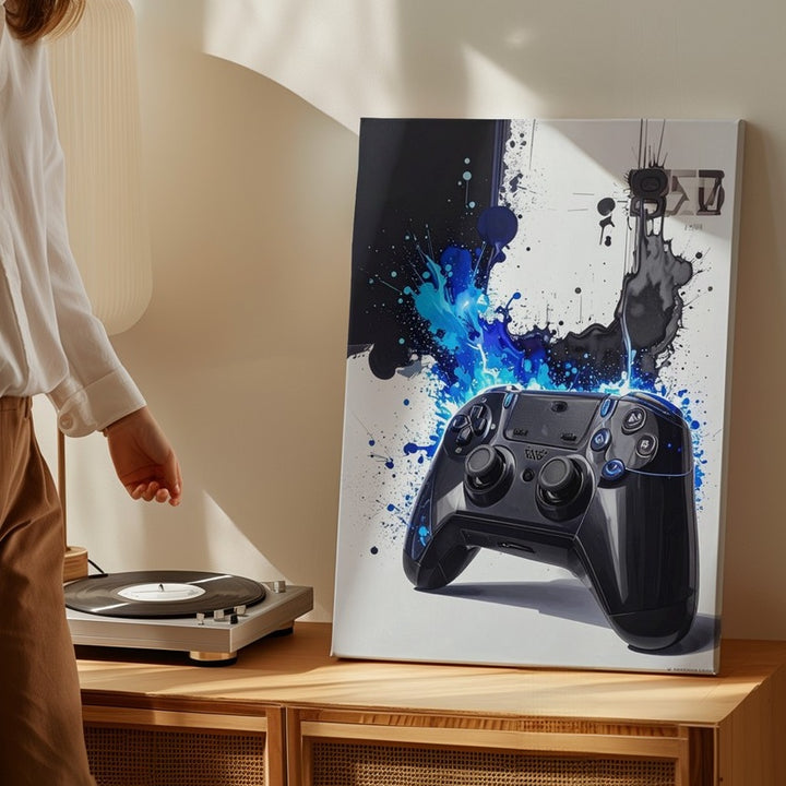 Electric Blue PlayStation Canvas – Watercolor Splash Gaming Art - Gifitto