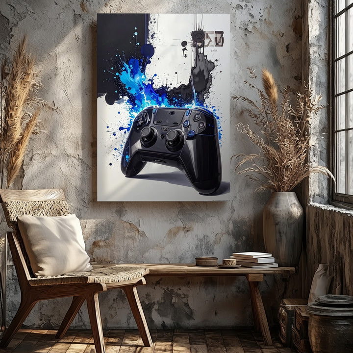 Electric Blue PlayStation Canvas – Watercolor Splash Gaming Art - Gifitto
