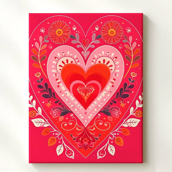 Festive Folk Heart Canvas – Bold Floral & Folk Art Design in Red, Pink, & Orange - Gifitto