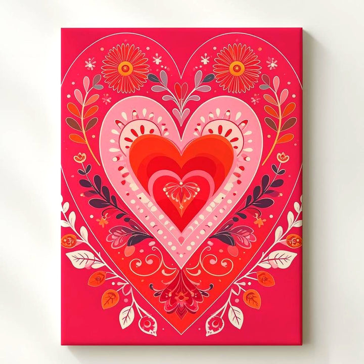 Festive Folk Heart Canvas – Bold Floral & Folk Art Design in Red, Pink, & Orange - Gifitto