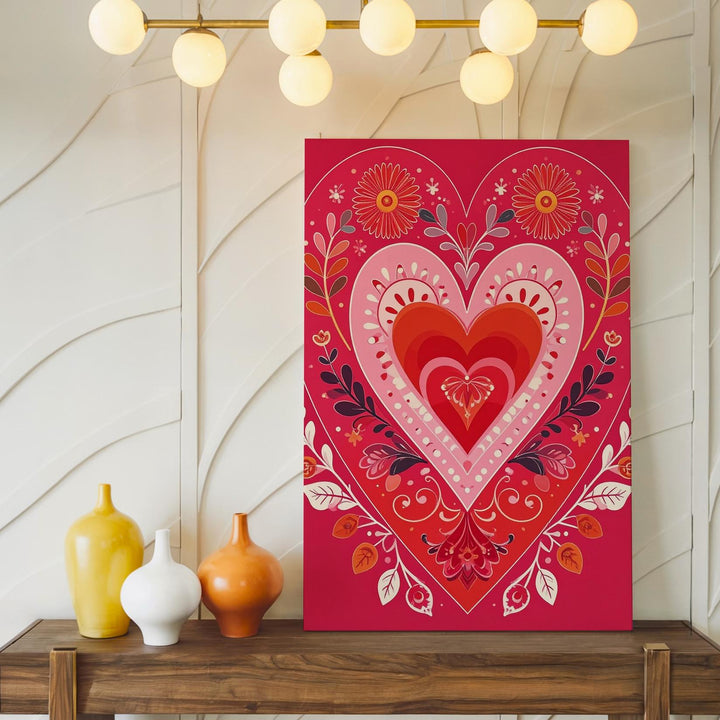 Festive Folk Heart Canvas – Bold Floral & Folk Art Design in Red, Pink, & Orange - Gifitto