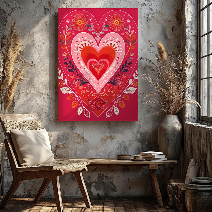 Festive Folk Heart Canvas – Bold Floral & Folk Art Design in Red, Pink, & Orange - Gifitto