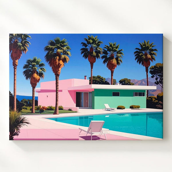 Pink Twilight Pool Canvas – Mid-Century Modern Dreamscape Wall Art - Gifitto