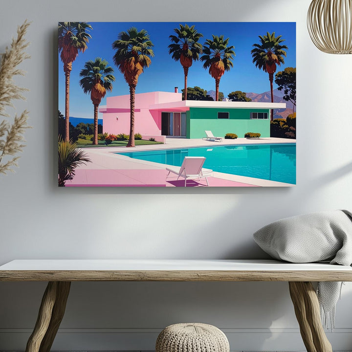 Pink Twilight Pool Canvas – Mid-Century Modern Dreamscape Wall Art - Gifitto