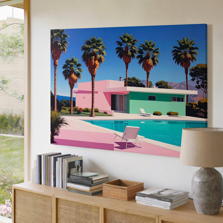 Pink Twilight Pool Canvas – Mid-Century Modern Dreamscape Wall Art - Gifitto