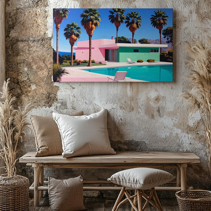 Pink Twilight Pool Canvas – Mid-Century Modern Dreamscape Wall Art - Gifitto