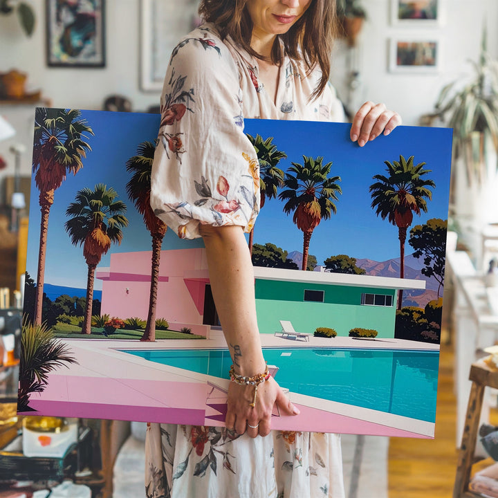 Pink Twilight Pool Canvas – Mid-Century Modern Dreamscape Wall Art - Gifitto