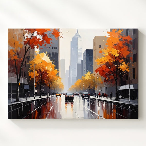 Rainy Autumn Cityscape Canvas – Vibrant Urban Street Scene Art - Gifitto