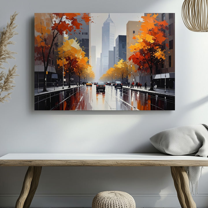 Rainy Autumn Cityscape Canvas – Vibrant Urban Street Scene Art - Gifitto