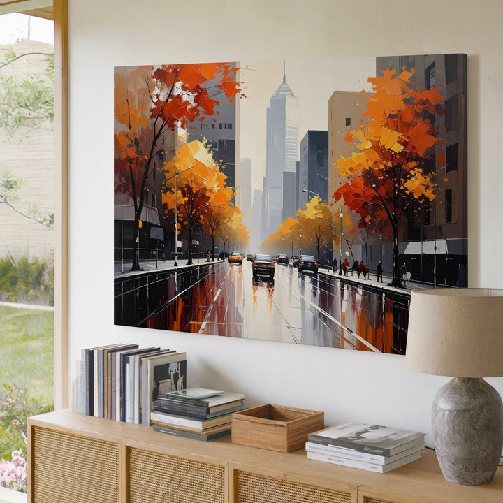 Rainy Autumn Cityscape Canvas – Vibrant Urban Street Scene Art - Gifitto