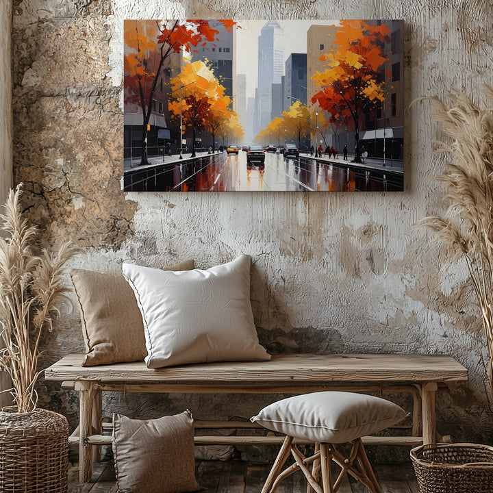 Rainy Autumn Cityscape Canvas – Vibrant Urban Street Scene Art - Gifitto