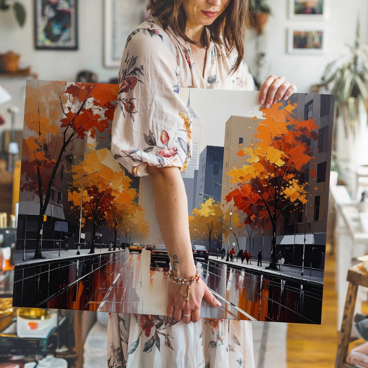 Rainy Autumn Cityscape Canvas – Vibrant Urban Street Scene Art - Gifitto