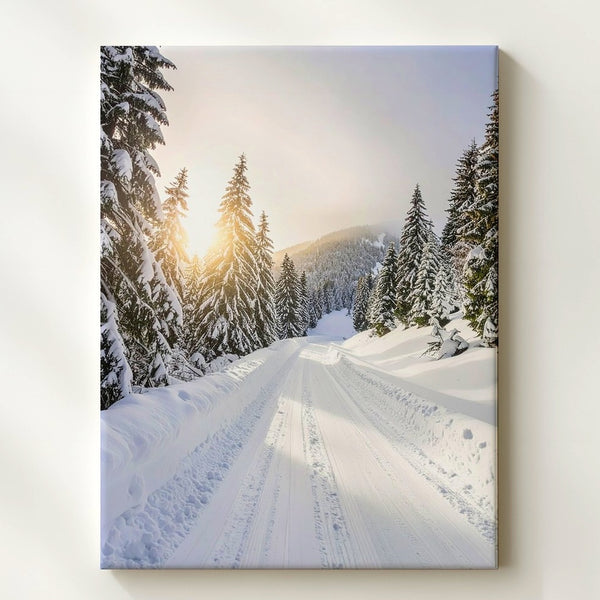 Golden Glow Mountain Road Canvas – Serene Winter Sunrise Wall Art