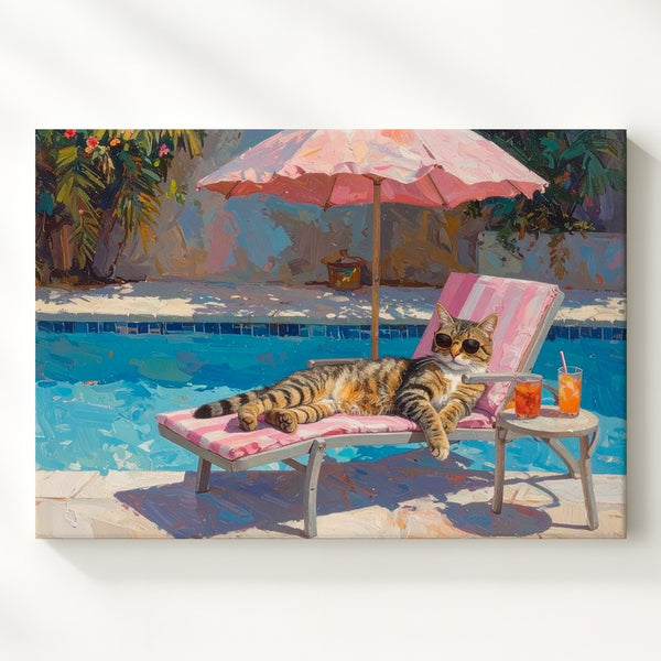 Lazy Cat Poolside Canvas – Relaxing Summer Retreat Art - Gifitto